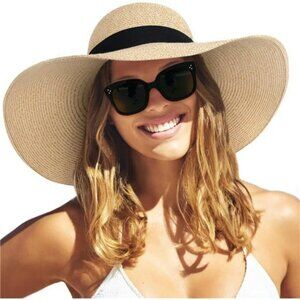Womens Wide Brim Straw Sun Hat UPF 80 Foldable Floppy Beach Summer Hat